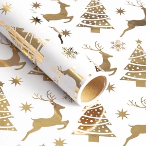Christmas Wrapping Paper Roll - Mini Roll - Gold Foil Reindeer and Tree Pattern - Picture 1 of 12