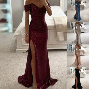Kleid Damen Elegant Maxi -Paillistin Schlank Teilt V Hals Von Der Schulter - Picture 1 of 20