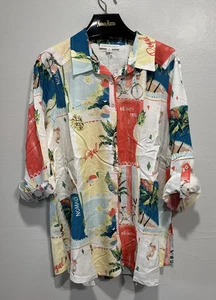 JANE AND DELANCEY Top Button Front Shirt Plus 1X Linen Blend Roll Tab Sleeve Fun - Picture 1 of 11