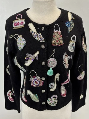 Cárdigan Suéter Michael Simon Tejido Talla Mediana Pequeño Negro Cuentas Zapatos Carteras  Foto 1 de 4