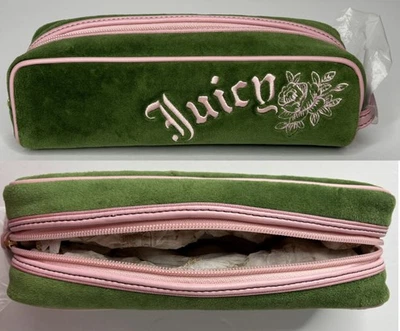 De Colección Juicy Couture Terciopelo Cosmético Maquillaje Estuche para Lápices Bolso Viaje Verde Rosa Y2K Foto 1 de 4