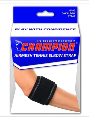 Correa para codo de tenis Champion, soporte ajustable, tela de malla de aire, negra, regular Foto 1 de 4