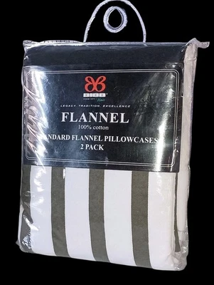 Bibb Home Standard Flannel Pillowcases 100% Cotton Striped Olive Green New - Image 1 of 2