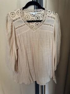 Blusa pulóver para mujer John Paul Richard M color tostado con encaje de ganchillo manga 3/4 - Imagen 1 de 9