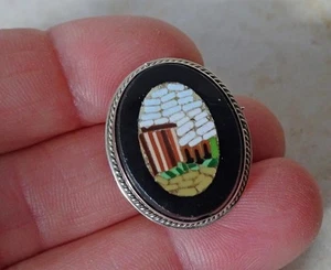 VINTAGE ITALIAN MICRO MOSAIC BROOCH PIN Temple & Ruins GRAND TOUR Silver Mount - Picture 1 of 5