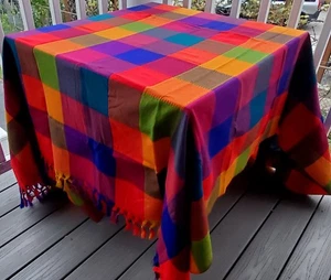 Great Mexican Handcrafted Color Block Fringed Tablecloth 86 x 78 in - Picture 1 of 6