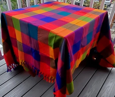 Great Mexican Handcrafted Color Block Fringed Tablecloth 86 x 78 in - Image 1 of 4