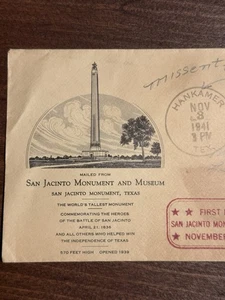 San Jacinto Monument 1941 First Mail From Monument FDC First Day Cover  - Picture 1 of 5