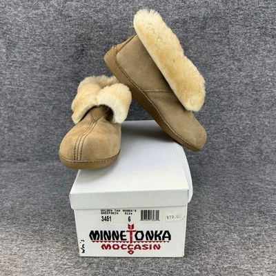 ✅Minnetonka Mocasín Zapatillas Para Mujer Talla 6 Dorado Tostado Piel de Oveja Zapatos 3451 Nuevo en Caja Foto 1 de 4