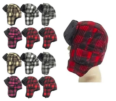 Buffalo Plaid Faux Fur Trimmed  Earflap Winter Classic Trooper Hats 12 Pack - Image 1 of 3