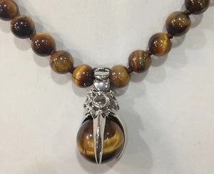 Pretty 8mm Natural Yellow Tigers Eye Round Gemstone Beads Pendant Necklace 18" - Picture 1 of 3