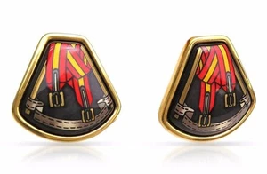 Authentic HERMES Clip On Earrings Gold Palladium & Black, Red, Yellow Cloisonné  - Picture 1 of 8
