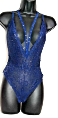 NWT Shirley Hollywood Lace Deep V Plunge Rhinestone Bodysuit Teddy Lingerie M - Image 1 of 4