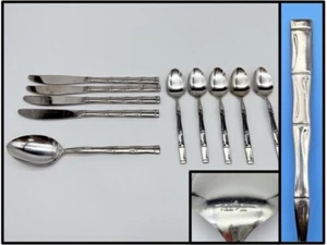 Lot of 10 Barclay Geneve Stainless Steel Bamboo Knives Teaspoons 8" Soup Spoon - Picture 1 of 8