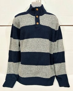 Suéter TOMMY HILFIGER Para Hombre Talla XXL Mezcla de Lana 3 Botones Azul Marino Gris Rayas - Imagen 1 de 9