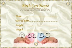 GOLD & SATIN UNISEX BIRTH CERTIFICATE/CERTIFICATES REBORN FAKE BABY approx 7x5" - Picture 1 of 1