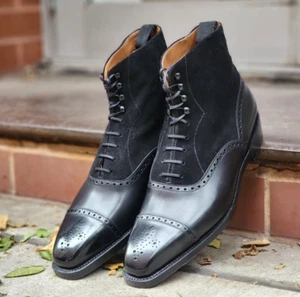 Handmade Men Black Stylish Leather & Suede Ankle Brogue Lace Up Dress Boot - Picture 1 of 3