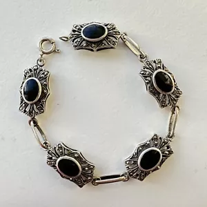 Bracciale vintage argento sterling onice e marcasite pietra nera 925 - Foto 1 di 9