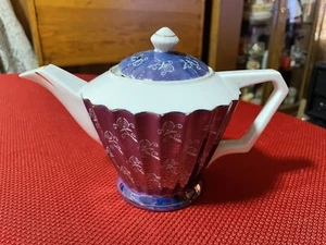 Vtg Purple Blue Iridescent White Porcelain Tea Pot Gold Trim W Lid - Picture 1 of 8