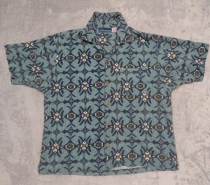 Vintage Jimmy'Z Hawaiian Short Slve Button Up Shirt Geometric Floral Large Blue - Picture 1 of 11