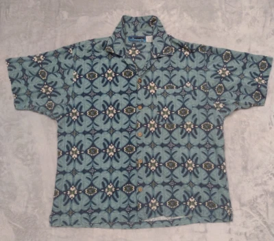 Vintage Jimmy'Z Hawaiian Short Slve Button Up Shirt Geometric Floral Large Blue - Image 1 of 4