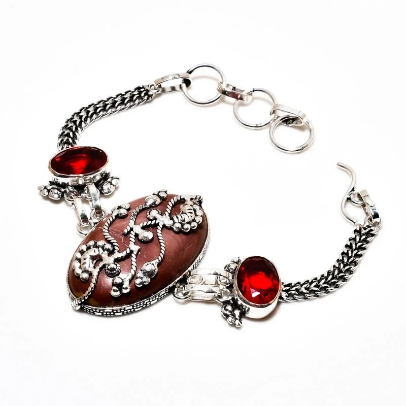 Mookaite, Garnet Gemstone Handmade 925 Silver Plated Jewelry Bracelet 6-8" - Image 1 of 1