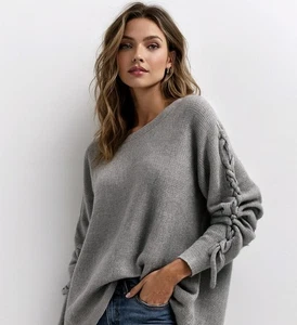 Suéter Etcetera ETC Gris Largo Detalle de Atar Mangas Cuello Redondo Pullover Talla S - Imagen 1 de 11