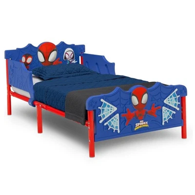 学步男孩蜘蛛侠床3D框架带床头板和安全护栏儿童卧室 — 第 1/4 张图片