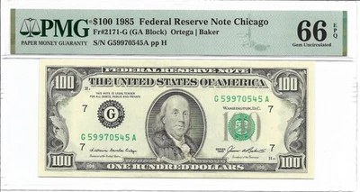 1985 $100 CHICAGO FRN. PMG GEM Uncirculated 66 EPQ Banknote. 1st of 2 - Image 1 of 2