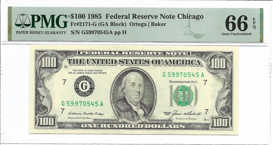 1985 $100 CHICAGO FRN. PMG GEM Uncirculated 66 EPQ Banknote. 1st of 2 - Image 1 of 2