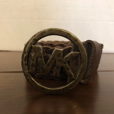 Michael Kors Belt Large Dark Brown Braided Genuine Leather Gold Logo Buckle - Image 1 of 4