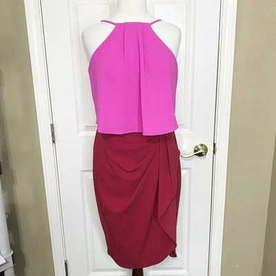 Betsy & Adam Halter Two-Tone Overlay Scuba Crepe Dress Size 10 Pink Burgundy - Image 1 of 4