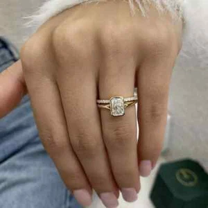 3Ct Emerald Cut Simulated Diamond Bridal Set 14K Yellow Gold Plated Silver Ring - Picture 1 of 9