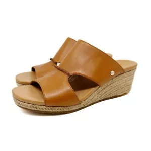 UGG Eirene Wedge Espadrille Slide Sandals Tan Brown Leather Womens Size 9.5 - Picture 1 of 13