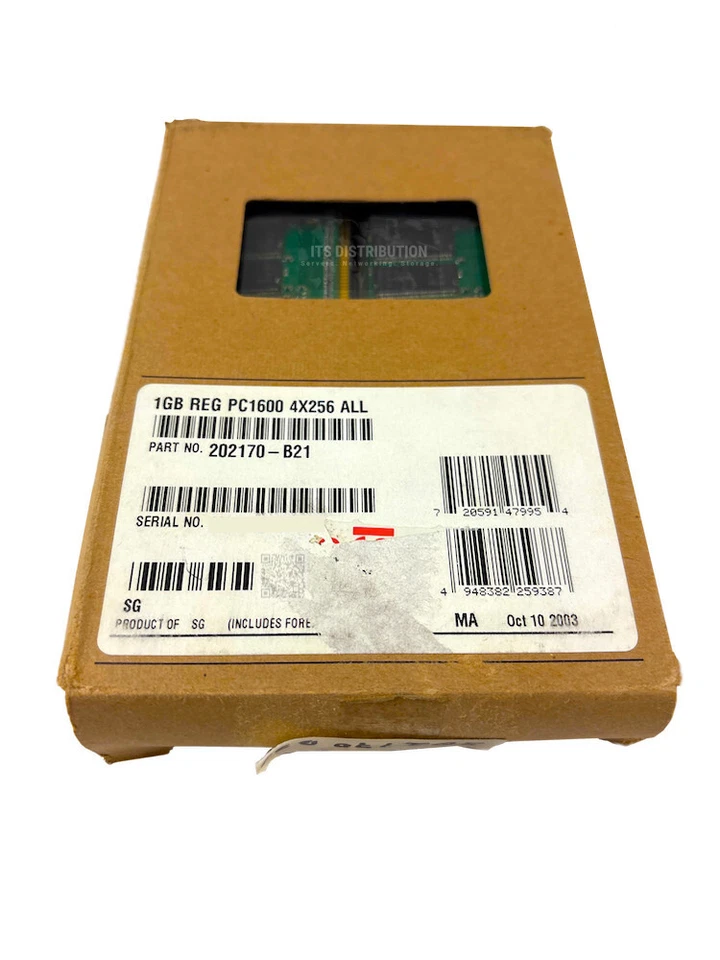 202170-B21 I Open Box HP 1GB 4x256MB SDRAM memoria RDIMM PC1600 ECC 175917-032 Foto 1 de 3