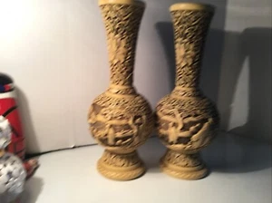 Large Old Chinese Vases Carved Village Scenes Heavy - Picture 1 of 13