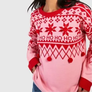 Boohoo Pom Pom Christmas Sweater Pink Size S  - Picture 1 of 6