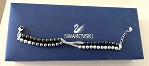 AUTHENTIC SWAROVSKI SWAN 2 STAND FAUX PEARL WISHBONE CRYSTAL PENDANT BRACELET 8" - Picture 1 of 5