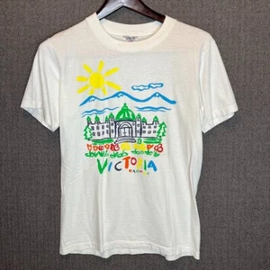 Oneita Tshirt Youth Medium White Vintage 90s Victoria Canada Countries Travel - Picture 1 of 8