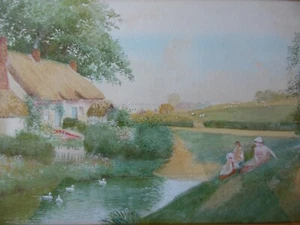 Family by The Duck Pond. Robert H. Walker Original Antiguo WC Paisaje Inglés - Imagen 1 de 6