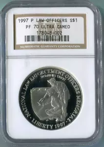 :1997-P $1 Law-Officers Commemorative-Silver-Dollar NGC PF 70 UC Rare R5 Top Pop - Picture 1 of 2