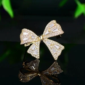 Women's Pink/Clear Cubic Zirconia CZ Small Bowknot Brooch Pin - Picture 1 of 7