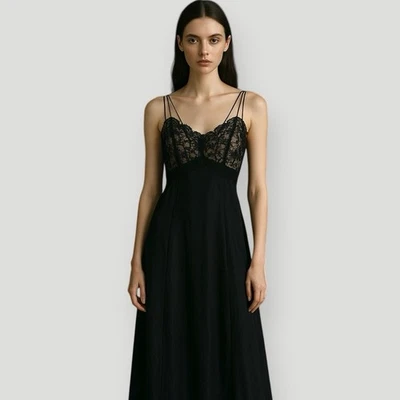 Vintage 50s Vanity Fair Black Lace Whimsigoth Maxi Lace Slip Dress Fits XS-S - Image 1 of 4