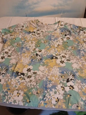 Coral Bay Womens Ocean Blue Yelow Print Cotton Blend Blouse Top Tee Stretch  2XL - Image 1 of 4