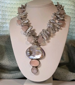 Orecchini e ciondolo in argento sterling 925 grosso quarzo rosa e perle d'acqua dolce - Foto 1 di 21