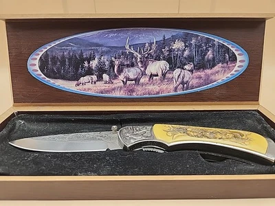 Cuchillo plegable vintage con mango tallado ELK RIDGE Foto 1 de 4