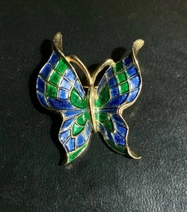 Vintage Trifari Gold Tone Multicolor Enamel Checkerboard Butterfly Brooch / Pin - Picture 1 of 3