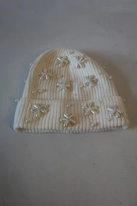 NWD Women Lele Sadoughi Ivory Pearl Snowflake Beaded Beanie Hat OS - Picture 1 of 5