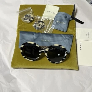 Gafas de sol Gucci redondas gris marfil dorado negro con logotipo de cadena desmontable - Imagen 1 de 6