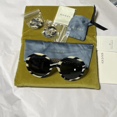 Gafas de sol redondas Gucci negras marfil doradas con cadena desmontable logotipo GG talla 56-23-135 Foto 1 de 4